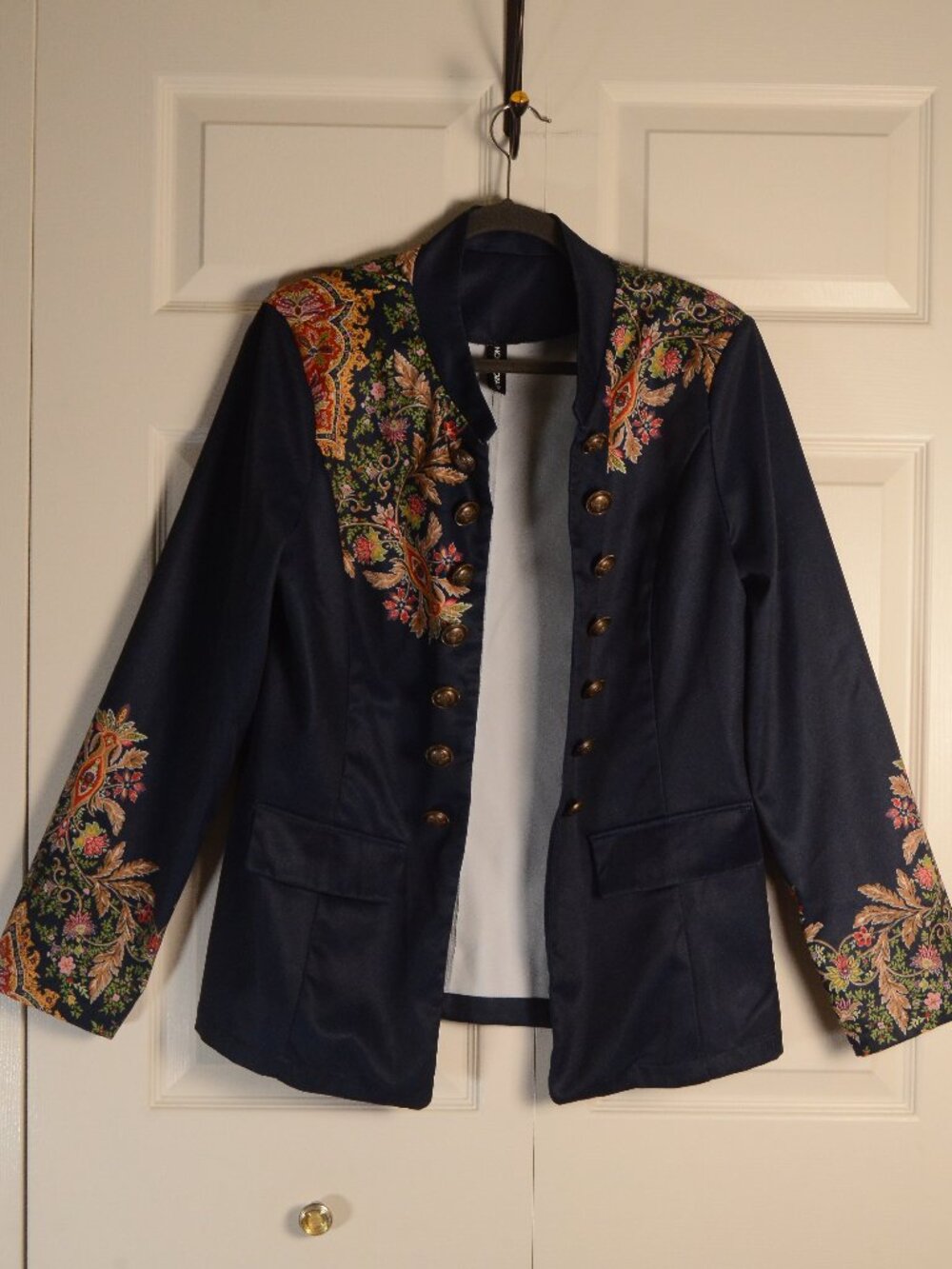 NORACORA Navy Paisley Military Jacket XL Boho Embellished Button Front Blazer